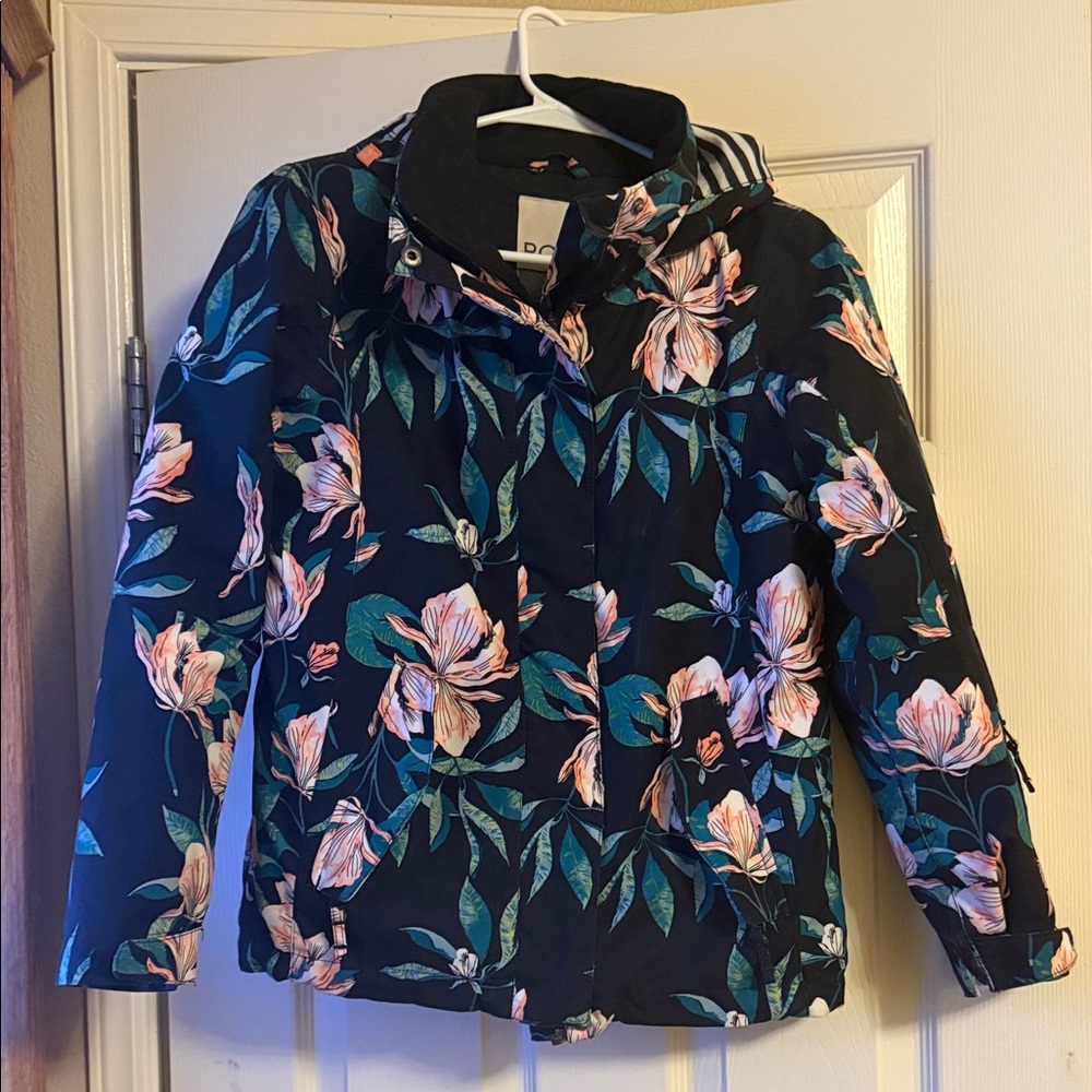 Roxy Black Floral Hooded Ski Jacket with Pink/Teal Flowers